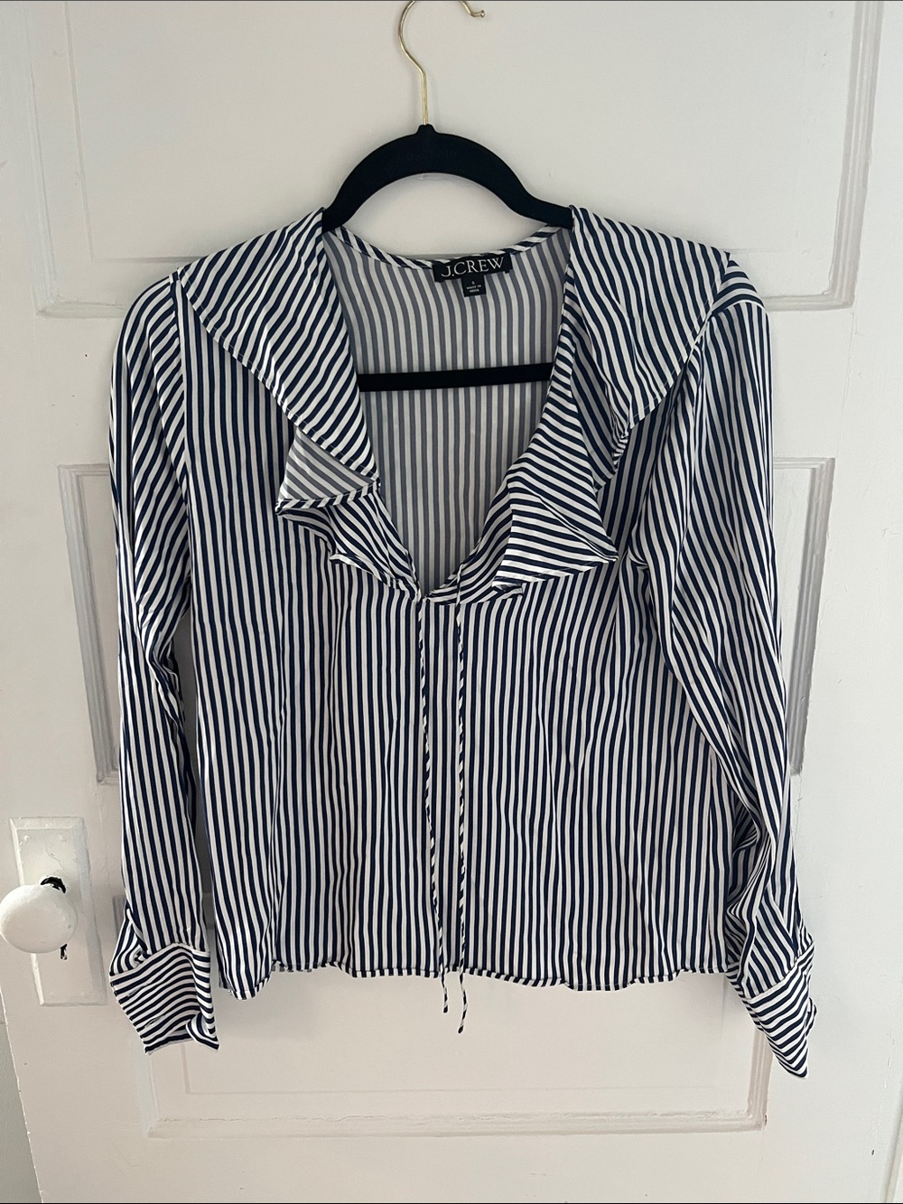 J. Crew Navy and White Striped Ruffle Collar Blouse